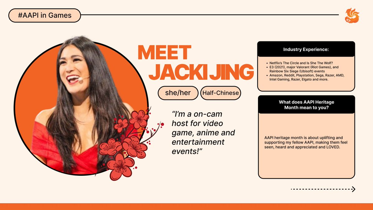 ProjectAWR's tweet image. Jacki Jing / @JackiJing: &quot;I was on Netflix’s The Circle and Is She The Wolf? I also do on-cam gaming, esports, and anime events. I hosted E3 (2021), major Valorant (Riot Games), and Rainbow Six Siege (Ubisoft) events.&quot;
#AAPIInGames