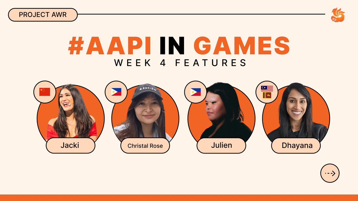 ProjectAWR's tweet image. This week of #AAPIInGames features: 
• @jackijing, host for video game, anime &amp;amp; entertainment events,
• @helloHazelton, writer and world builder, prev. at Respawn,
• @balbontin0, art director at @wearecontinue,
• @MissDeusGeek, influencer, content creator &amp;amp; diversity advocate