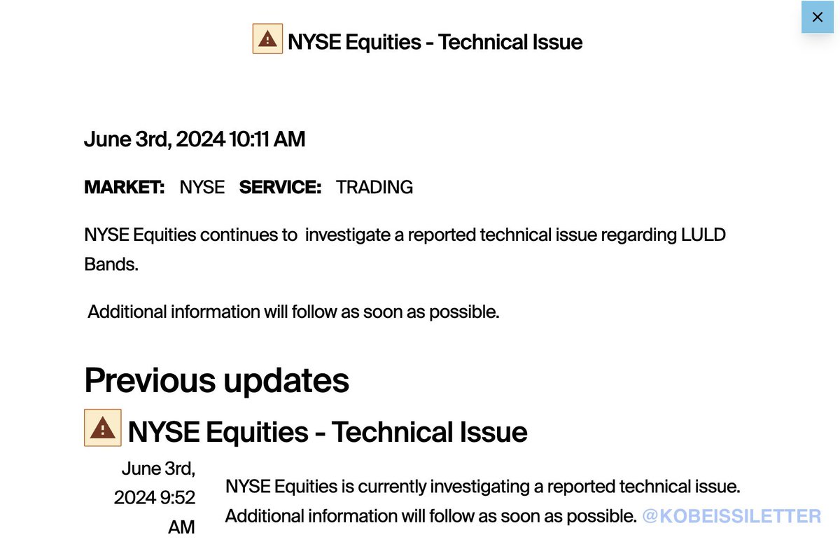 Cointelegraph's tweet photo. ⚡️BREAKING: NYSE investigating a technical issue causing 99%+ plunge in multiple stocks, including Warren Buffett’s Berkshire Hathaway, wiping out hundreds of billions in value.
Rug pull confirmed? https://t.co/haLh7sXKZp