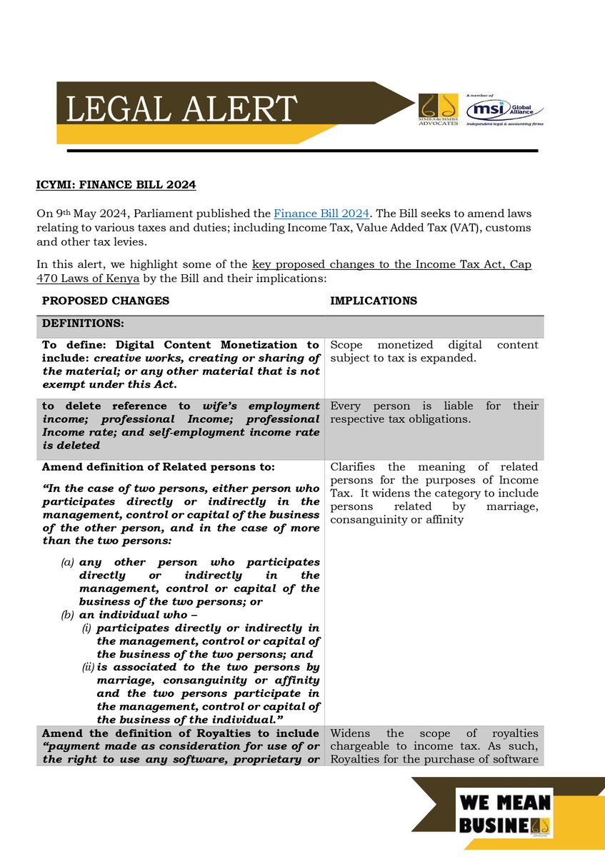 SimbaAdvocates's tweet image. #LetsDiscussit join our Mary Mwangi on this Legal Alert:ICYMI on the proposed changes to the Income Tax Act by the Finance Bill, 2024.