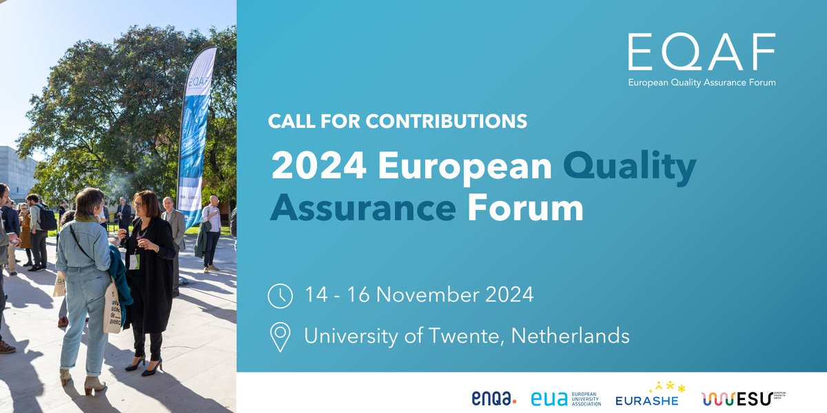 Invitation to submit proposals for papers, workshops and practice presentations for the 2024 #EQAF 'Enhancing #education, #research and societal engagement through #qualityassurance'.

⏳ Deadline: 23 June bit.ly/2024eqafcall_X

@euatweets @ESUtwt @ENQAtwt @EURASHE