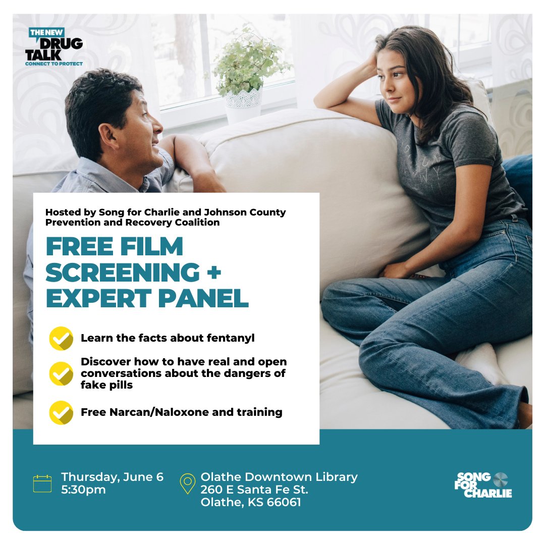 🎬🌟 FREE Film Screening &amp; Expert Panel on #FentanylAwareness THIS THURSDAY!

Join <a href="/SongforCharlie/">Song for Charlie</a> &amp; the JoCo Prevention &amp; Recovery Coalition for an evening of education, conversation &amp; free Narcan training. Bring friends &amp; family—everyone’s welcome!

🔗 bit.ly/song4charlie-k…