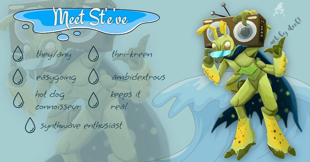 Meet St'e've 🏄‍♂️
A laid-back and easygoing thri-kreen who serves as Master of Ceremonies for many impromptu competitions held on Waverwater Beach. They're a retired crew member of a Spacejammer.

Coming soon!