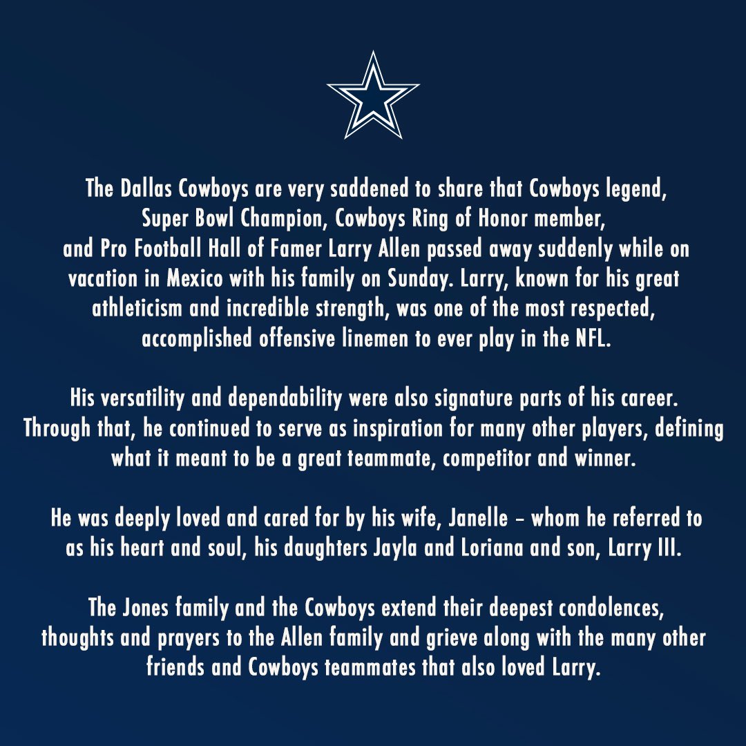 With heavy hearts, we announce the passing of Cowboys Legend Larry Allen 💙