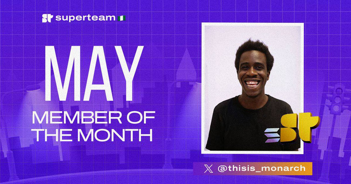 SuperteamNG's tweet photo. The spotlight, this month, beams on @thisis_monarch. He has proven himself, worthy of admonition and recognition. 

Monarch is the state moderator for Lagos state and also in charge of managing all IRL activities for Superteam Nigeria. https://t.co/ZgCarip28M