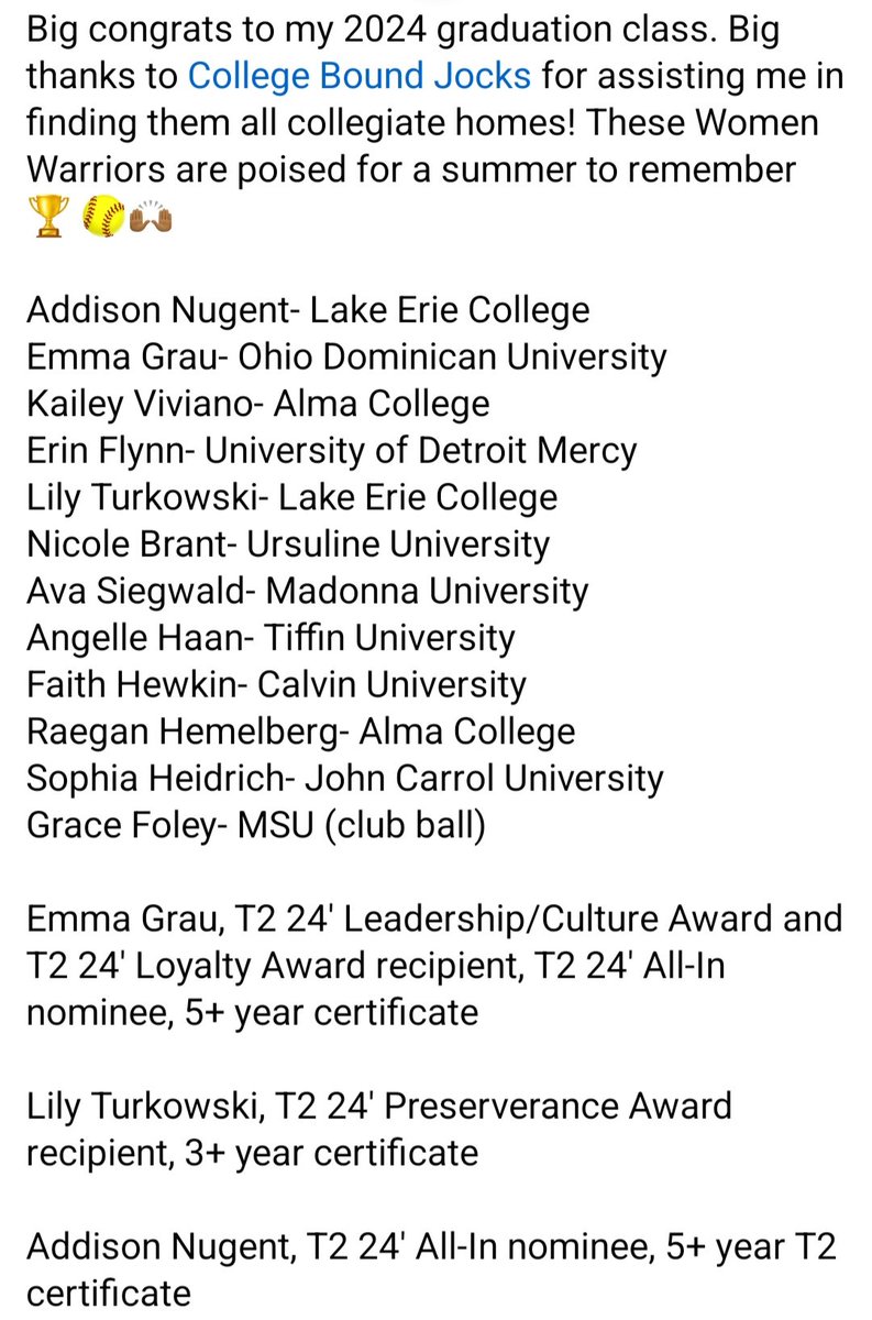 👏🏾 2024 Smigiel Studs!
<a href="/AddisonNugent3/">Addison Nugent</a> <a href="/a_siggy99/">Ava Siegwald-2024</a> <a href="/lilyturkowski24/">Lily Turkowski 2024</a> <a href="/EmmaGrau8/">Emma Grau</a> <a href="/Erin_Flynn13/">Erin Flynn</a> <a href="/faithhewkin77/">Faith Hewkin Softball 2024</a> <a href="/kaileyv_2024/">kailey viviano</a> <a href="/sophiaheidrich7/">Sophia Heidrich</a> <a href="/foley00grace/">Grace Foley</a> <a href="/nicolebb2024/">Nicole Brant-Badillo 24’</a> <a href="/raehemelberg/">rae hemelberg</a> <a href="/AngelleHaan/">Angelle Haan</a> 
<a href="/CollegeBDJocks/">College Bound Jocks</a> <a href="/Turnin2Softball/">Turnin2 Softball</a> <a href="/StateChampsW/">State Champs! W</a> <a href="/IHartFastpitch/">I❤️Fastpitch</a> #BashleteProud