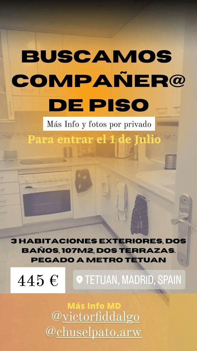 ChusElPato's tweet photo. Hola, nuestro compi se va y tenemos un pisazo en Calle General Margallo( Tetuan, Madrid) sl ladito de metro l1,
Compartid porfa! Calefa central, cocina y salon enormes, habitación bien chula, ambiente tranquilo :) 445€ https://t.co/cNp7vwQ0zc