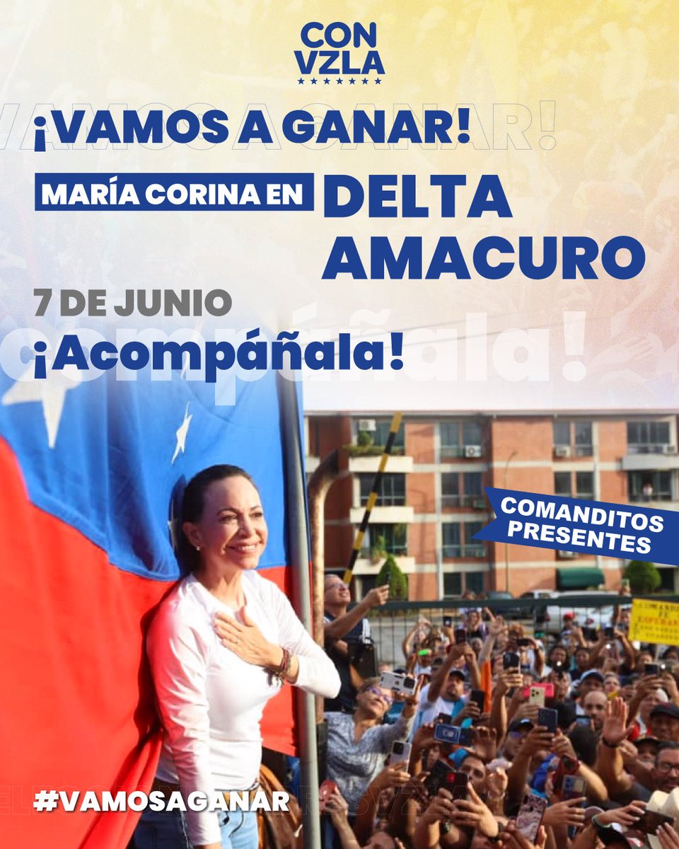 ¡Delta querido! 

Este viernes 07 de junio te esperamos en #DeltaAmacuro junto a nuestra líder @MariaCorinaYA 

El #28JUL con María y @EdmundoGU vamos a ganar💪🏼💙