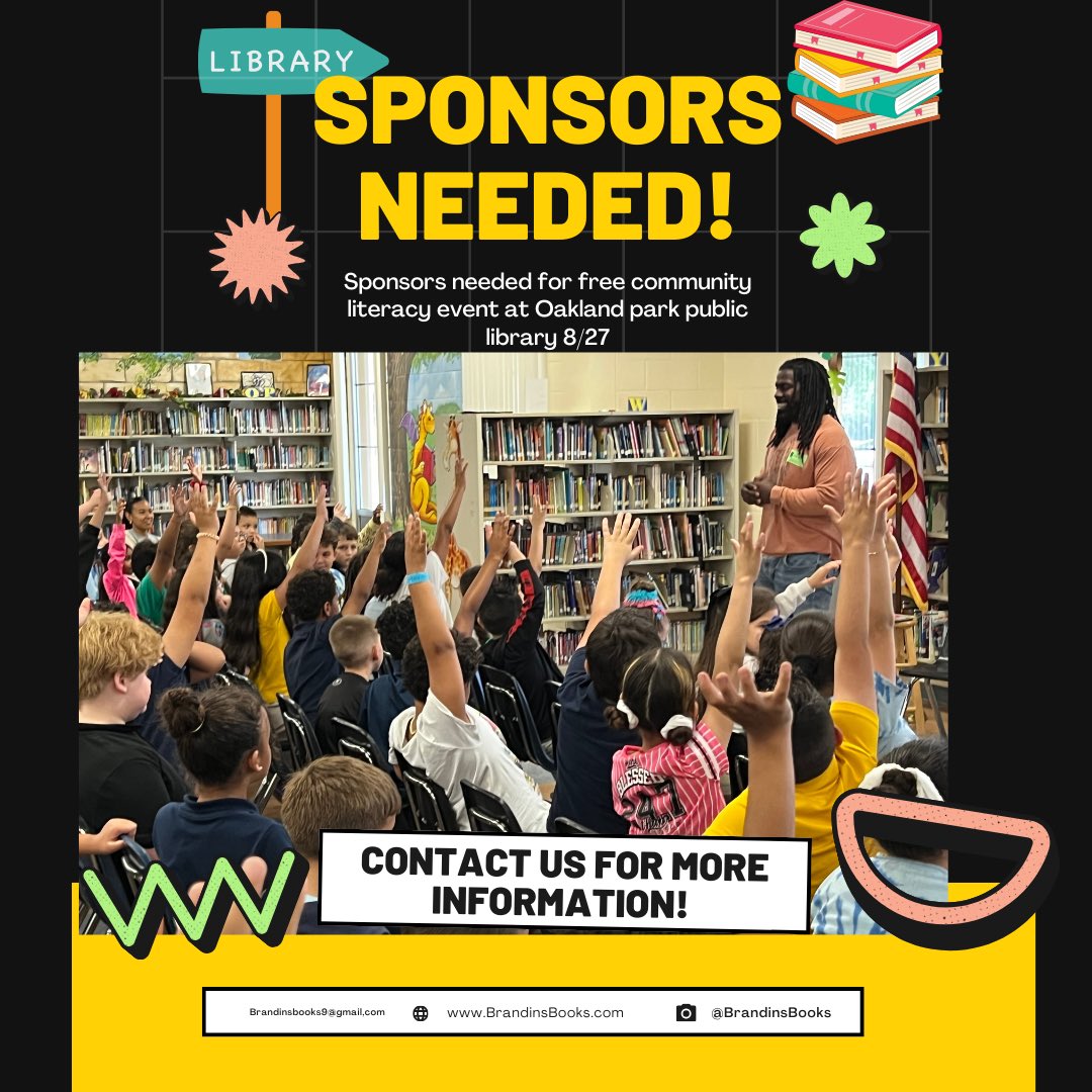 Exciting collab alert! Brandins Books &amp; The Oakland Park Public library are teaming up for a free community literacy event in August! Seeking sponsors to support literacy in South Florida. DM me for sponsorship opportunities ! #literacy