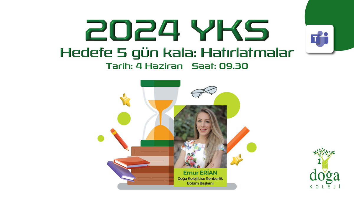 2024 YKS 
“Hedefe 5 gün kala: Hatırlatmalar” seminerinde Lise Rehberlik Bölüm Başkanımız Ernur Erian, 12. sınıf öğrencilerimizle buluşuyor. 
🗓️  4 Haziran
⏰ 09.30