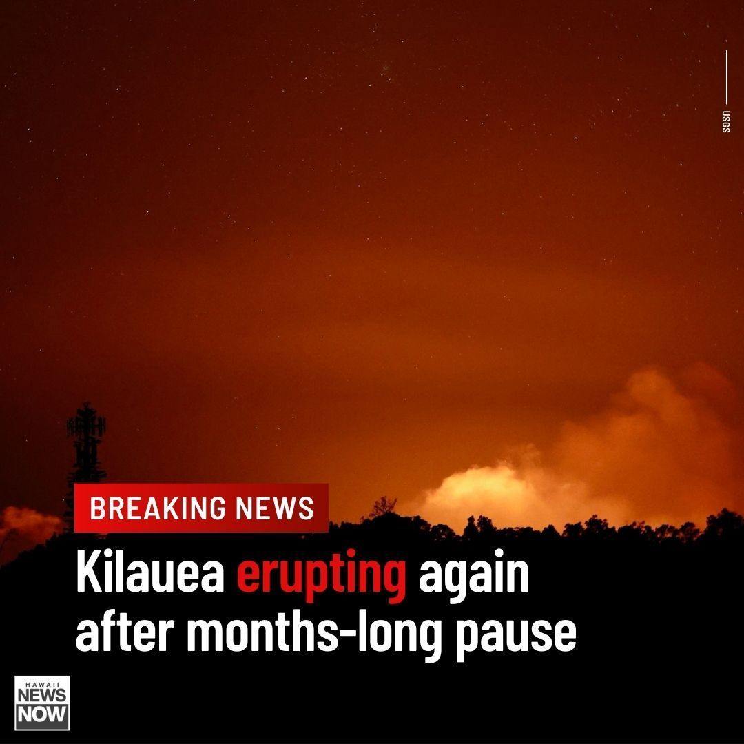 HawaiiNewsNow's tweet photo. #BREAKING:  Kilauea volcano has started erupting again after a months-long pause in activity, the U.S. Geological Survey said. The new eruption began approximately 12:30 a.m. Monday in an area that last erupted in 1974.

READ MORE: https://t.co/qrqfCMS1ey 
#HINews #HNN https://t.co/E5AcwaWzEX