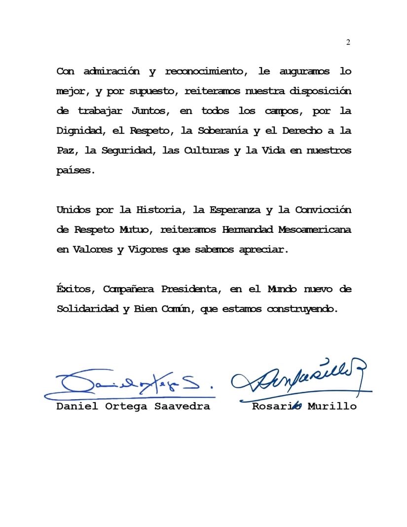 🚨 El mensaje de felicitación del Presidente de #Nicaragua 🇳🇮 Comandante Daniel Ortega y VicePresidenta Compañera Rosario Murillo por la histórica victoria de Claudia Sheinbaum como Presidenta electa y primer Presidenta Mujer de #mexico 🇲🇽
<a href="/RedAMLOmx/">REDAMLO - Defensores de la #4T</a> <a href="/Claudiashein/">Claudia Sheinbaum Pardo</a>