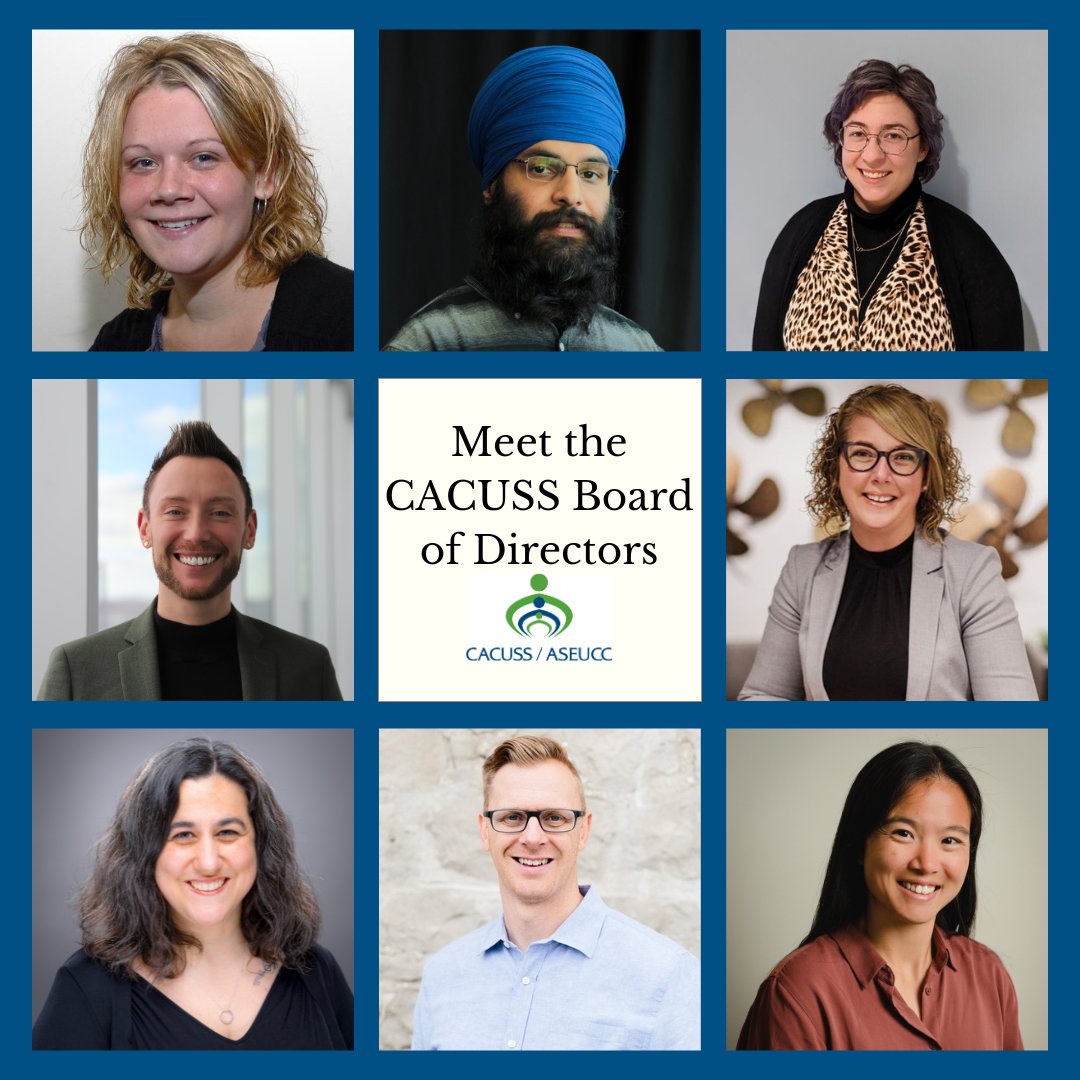 We’re excited to announce the CACUSS Board of Directors! Listed clockwise: Christine Arnold, Parmin Dhoot, Sam Matychuk, Angie Clarke, Carmen Law, Tim Fricker, Rachel Barreca, and Sterling Crowe. #SACdn #HigherEd #StudentAffairs