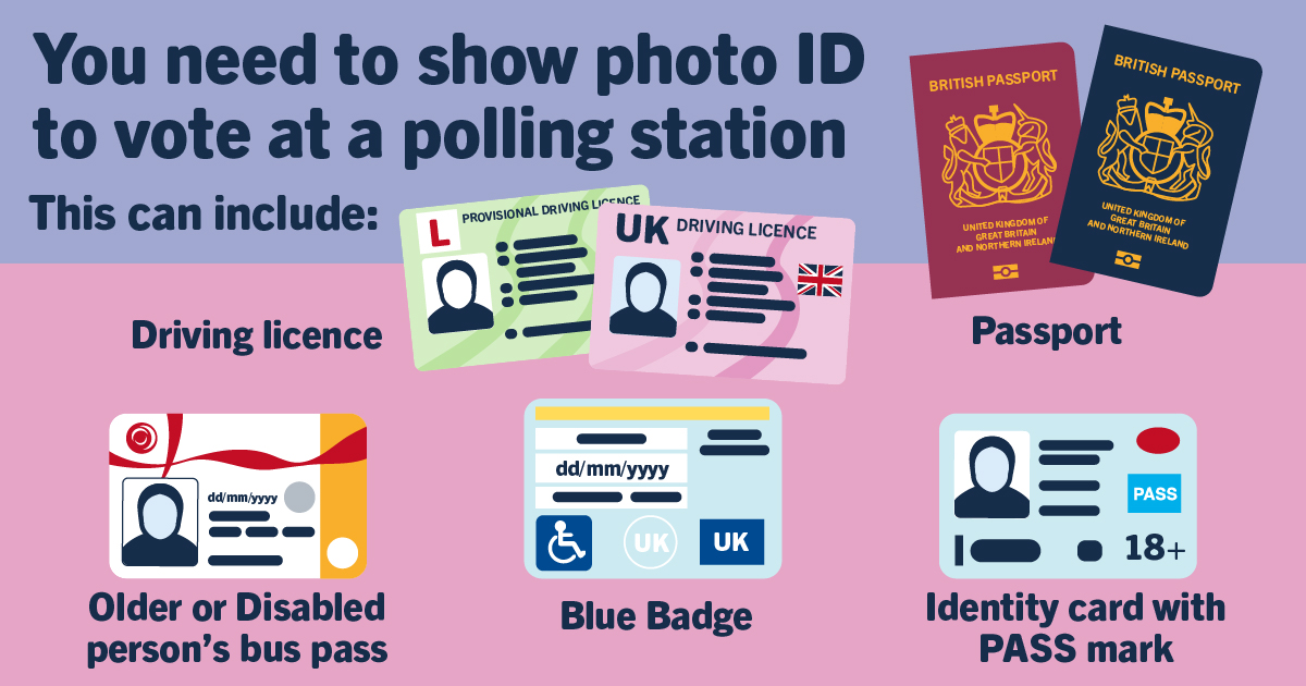 You need to show photo ID to vote at a polling station in the 2024 General Election on Thursday 4 July. Full list can be found at orlo.uk/hCR7f

Don't have photo ID? Apply for free voter ID by 5pm on Wednesday 26 June to vote on 4 July - orlo.uk/9achN