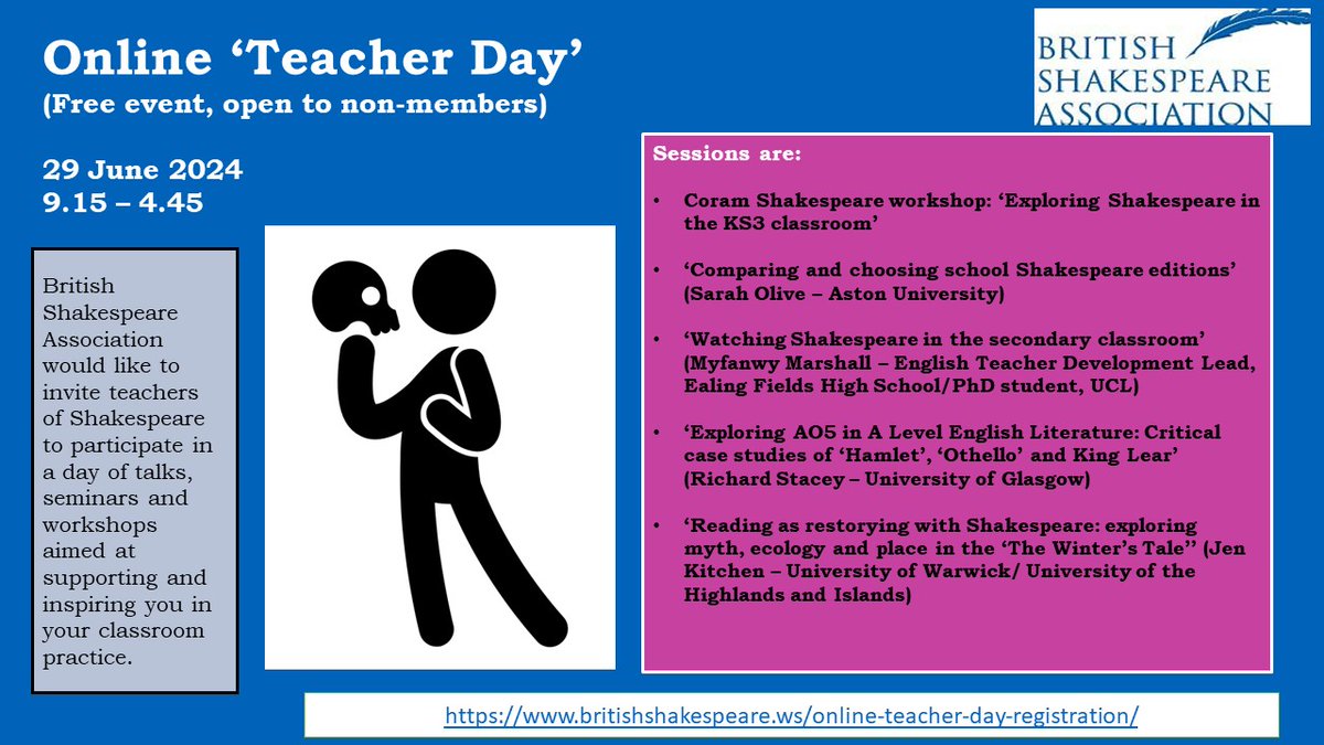 Are you a teacher who wants to get involved in <a href="/BSA_Conference/">British Shakespeare Association 2025 Conference</a> this month? Register to our free, online teacher day with a packed programme of workshops from Shakespeare practitioners and organisations: britishshakespeare.ws/online-teacher… looking forward to seeing you there! #BSA2024
