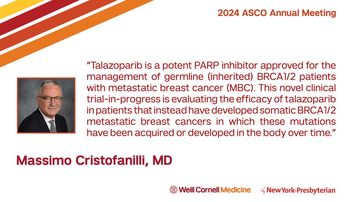 Weill Cornell Breast Center (@wcmbreastcenter) on Twitter photo A novel #ClincialTrial open to enrollment <a href="/WeillCornell/">Weill Cornell Medicine</a> <a href="/nyphospital/">NewYork-Presbyterian</a> is evaluating a PARP inhibitor for #BreastCancer patients with somatic BRCA1/2 mutations. Dr. Massimo Cristofanilli (@MCristofanill) explains this #research: bit.ly/3yEU7lQ #ASCO24 A novel #ClincialTrial open to enrollment <a href="/WeillCornell/">Weill Cornell Medicine</a> <a href="/nyphospital/">NewYork-Presbyterian</a> is evaluating a PARP inhibitor for #BreastCancer patients with somatic BRCA1/2 mutations. Dr. Massimo Cristofanilli (@MCristofanill) explains this #research: bit.ly/3yEU7lQ #ASCO24