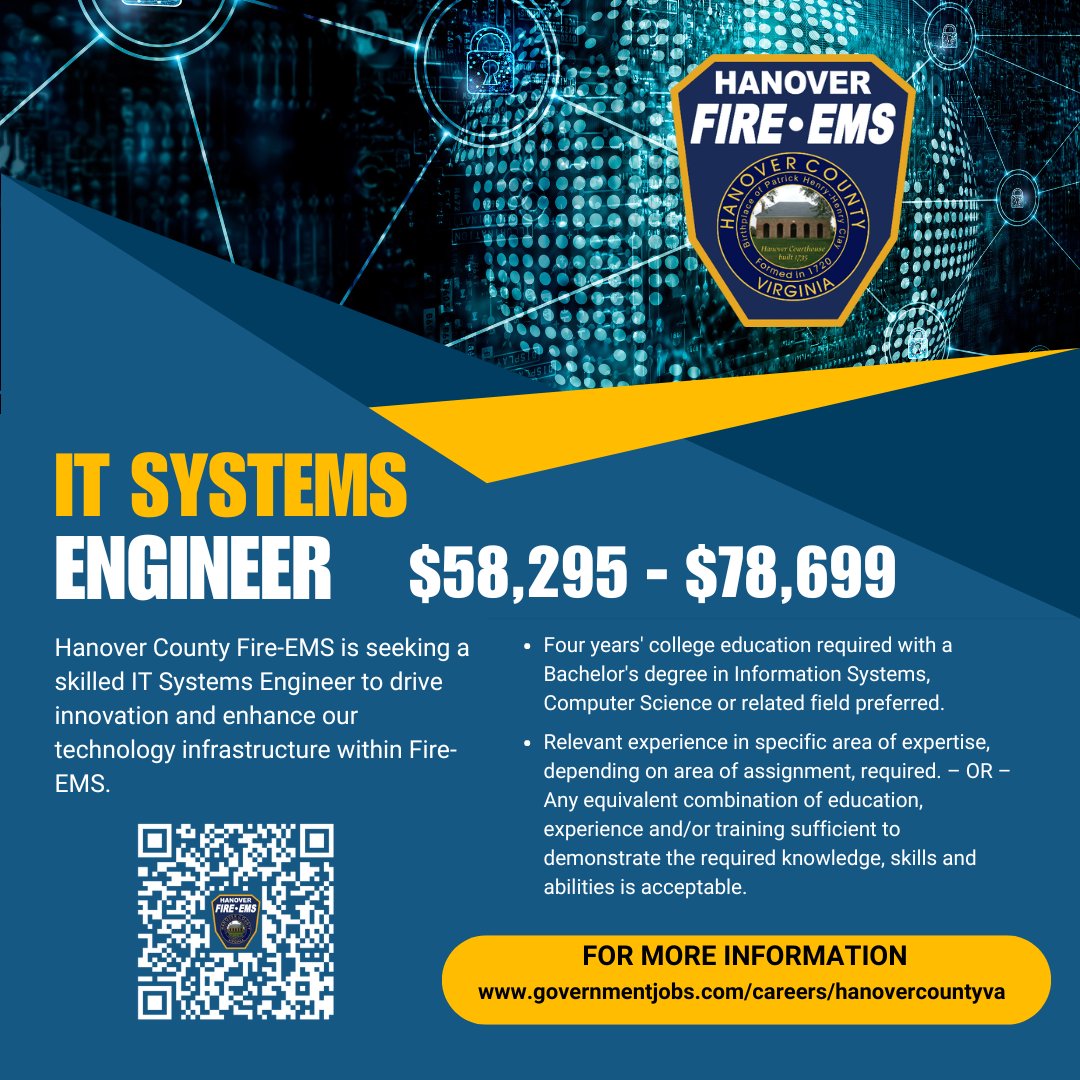 Hanover County Fire-EMS is seeking a skilled IT Systems Engineer to drive innovation and enhance our technology infrastructure within Fire-EMS.

To apply click the link below!
governmentjobs.com/careers/hanove…