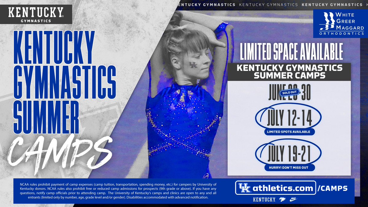 UKGymnastics's tweet photo. Camp I is 𝐒𝐎𝐋𝐃 𝐎𝐔𝐓 ‼️

Sign up for our two remaining camps soon because limited spots remain! 😸⏳✨

🔗: https://t.co/LPassqqtJ7

#WeAreUK | #Team51 https://t.co/kuwFeGqIsH