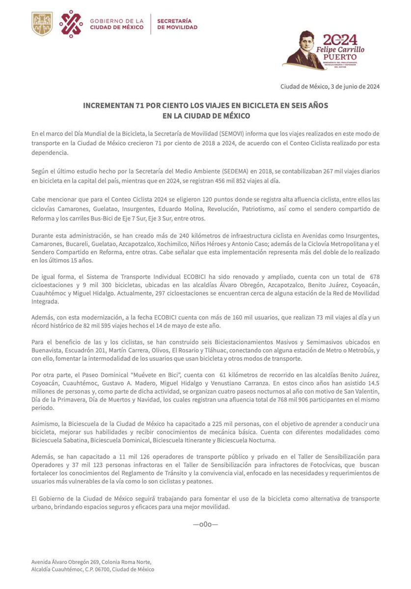 LaSEMOVI's tweet photo. De 2018 a 2024, los viajes realizados en bicicleta 🚲 en la Ciudad de México han incrementado en un 7⃣1⃣%, de acuerdo con el Conteo Ciclista realizado por esta dependencia. 

Entérate de los detalles en este #DíaMundialDeLaBicicleta 👇🏽 https://t.co/jxoHECzJmd