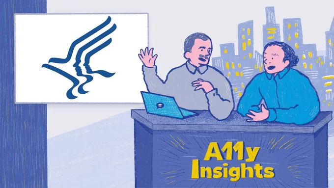 Illustration of Thomas and Ken at a desk with A11y Insights. Thomas has a laptop in front of him. A city skyline is in the distance behind them. The news window shows a US Health and Human Services' symbol that shows two faces sheltered in the wing of the eagle