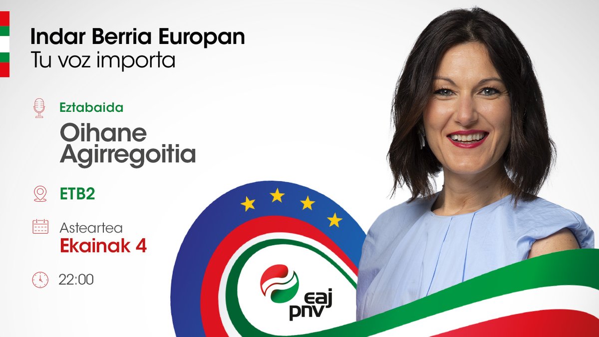 eajpnv's tweet photo. 🇪🇺 @oagirregoitia-rekin eztabaida #zuzenean ikus dezakezu

🕙 22:00etan

📺📻📲 ETB2n, Radio Euskadin eta web-orrian: https://t.co/NSg4L2uTmV

#️⃣ #debateaEITB #IndarBerriaEuskadin #TuVozImporta #E9 #9J https://t.co/3sWhe5fo4Q