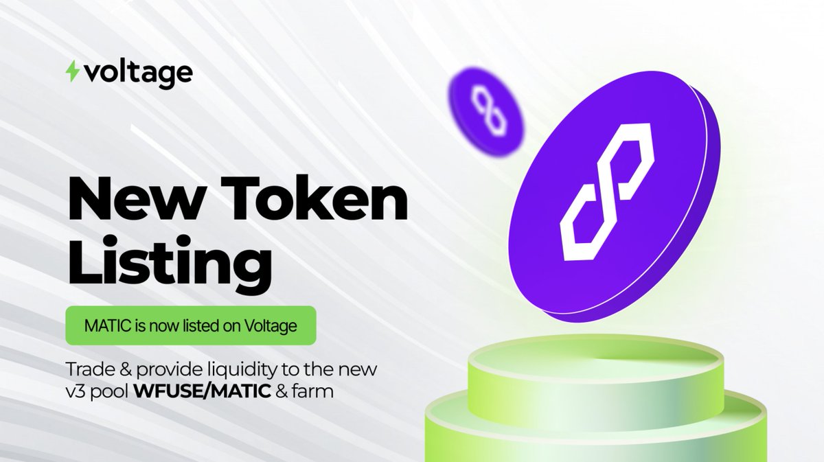 voltfinance's tweet photo. 🚀 Exciting news!
$MATIC is now listed on Voltage! 🎉

You can now swap to MATIC and start trading &amp; providing liquidity in the new WFUSE/MATIC v3 pool.

👉Swap: https://t.co/NVctYZ5HDB
👉Provide liquidity: https://t.co/Pg3po911Sg https://t.co/Qg1O6QKdDJ