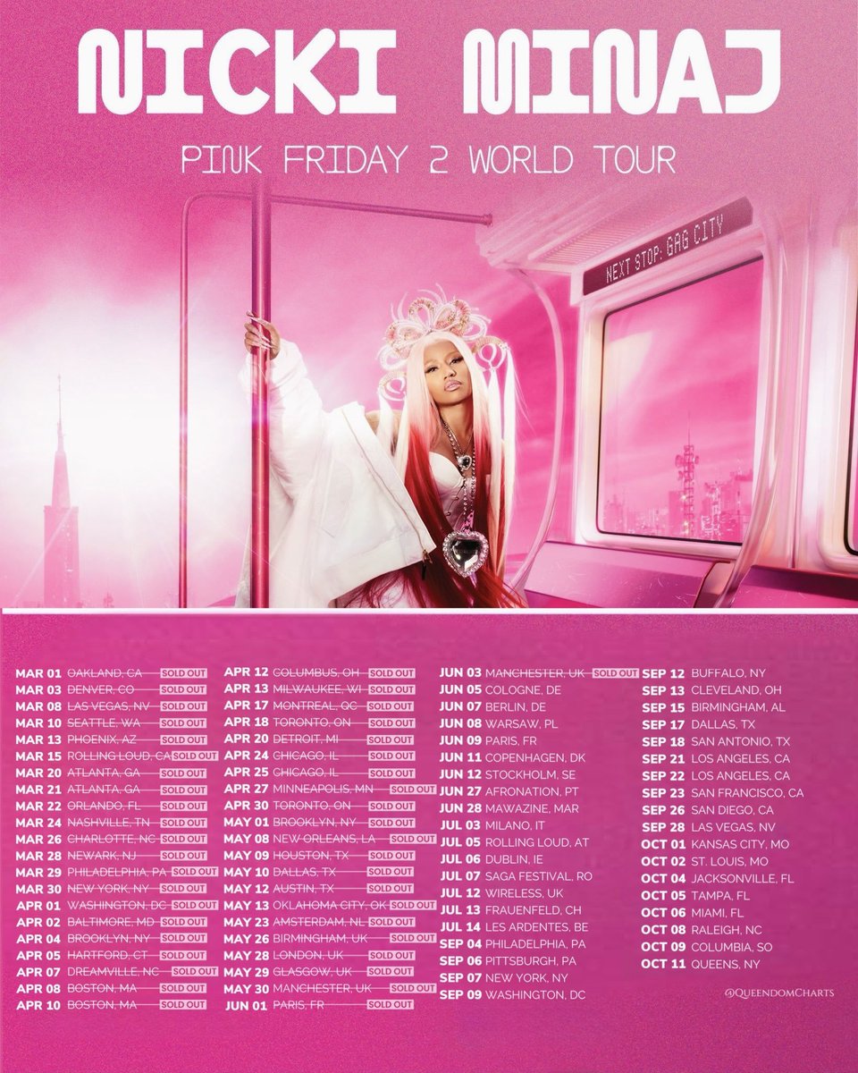 QueendomCharts's tweet photo. .@NICKIMINAJ sells out her 43rd consecutive show from the ‘Pink Friday 2 World Tour’ at Co-op Live in Manchester, UK. https://t.co/xrqPW0wnuG