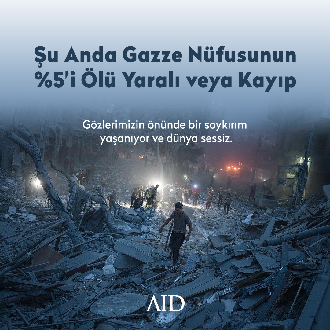 Gazze nüfusunun yüzde 5'i şu anda ölü, yaralı ya da kayıp.

Gözlerimizin önünde bir soykırım yaşanıyor ve dünya sessiz.