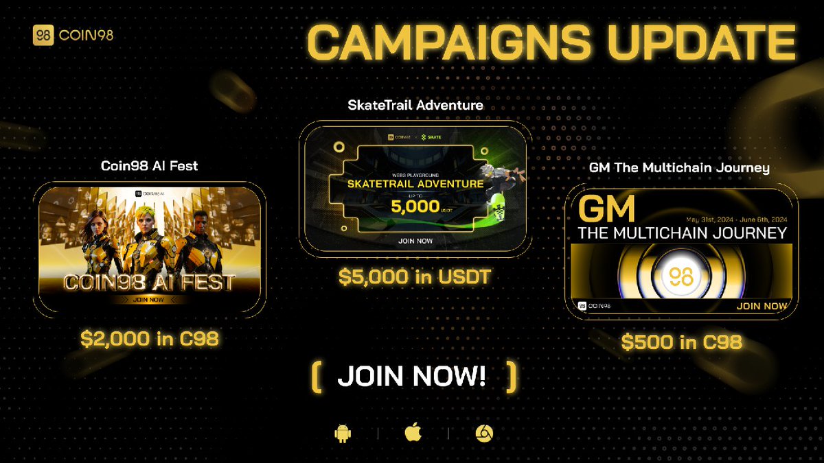 🤩 Coin98 Hot Events Update 
Don't miss all exciting campaigns from <a href="/coin98_wallet/">Coin98 Super Wallet</a> to have a chance to win big rewards. 

1️⃣ Coin98 Ai Fest 
Total rewards: $2,000 in C98. 
Ends time: 11:59 PM, June 6, 2024 (UTC+7)

💠Airdrop link and information:» t.me/airdrop_Presen…

#Coin98