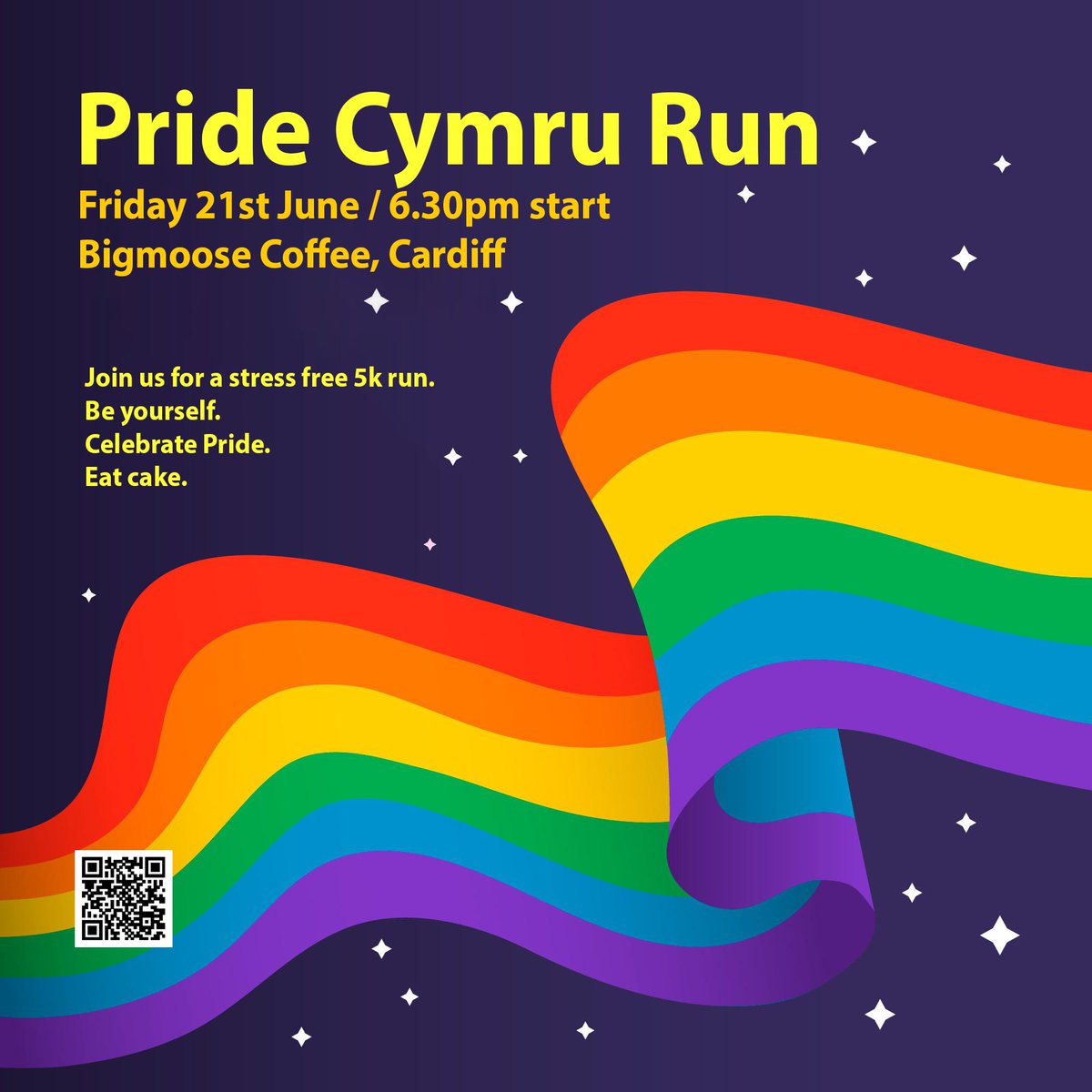 I hope you can make it to the 4th annual <a href="/PrideCymru/">Pride Cymru</a> Fun Run.

Friday 21st June 6.30pm.

I’m super grateful that once again, Bigmoose are hosting the run for us from their lovely cafe in Cardiff City centre.

Read more, sign up, and please share ❤️🌈

tickettailor.com/events/cardiff…
