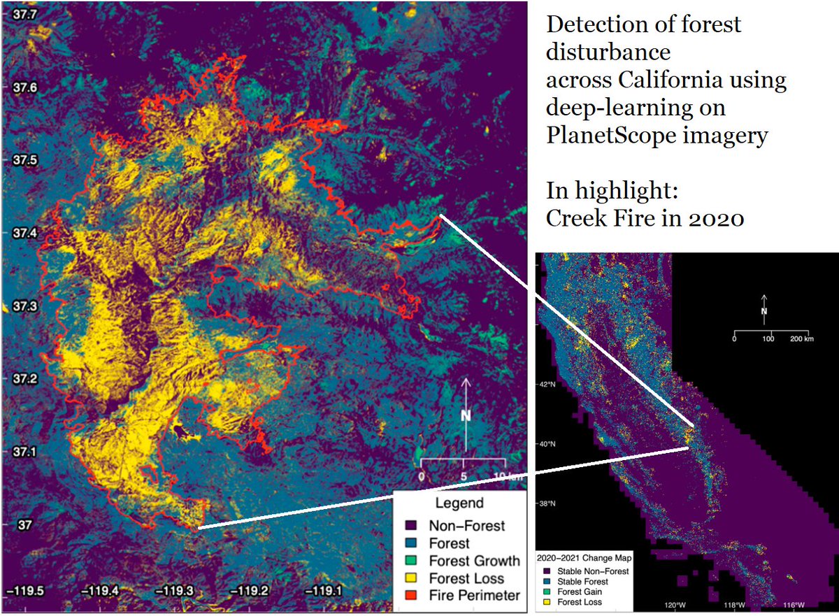 Ricardo Dalagnol (@ricardodalagnol) on Twitter photo 📢🌲Sharing our new paper led by Griffin Carter <a href="/gc_sci/">Griffin Carter</a> : "Detection of forest disturbance across California using deep-learning on PlanetScope imagery"
🔍Creek Fire in 2020 w/ CALFIRE map (red) and our 3x3 m detection (yellow)
📎 doi.org/10.3389/frsen.…
<a href="/UCLAIoES/">UCLA Environment</a> <a href="/CTrees_org/">CTrees</a> 📢🌲Sharing our new paper led by Griffin Carter <a href="/gc_sci/">Griffin Carter</a> : "Detection of forest disturbance across California using deep-learning on PlanetScope imagery"
🔍Creek Fire in 2020 w/ CALFIRE map (red) and our 3x3 m detection (yellow)
📎 doi.org/10.3389/frsen.…
<a href="/UCLAIoES/">UCLA Environment</a> <a href="/CTrees_org/">CTrees</a>