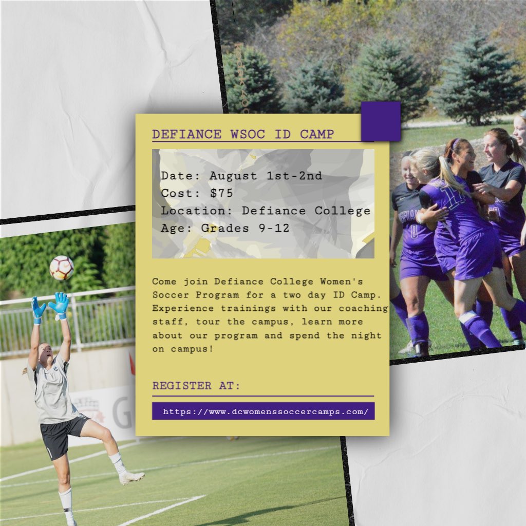Defiance College Women's Soccer (@dc_wsoc) on Twitter photo π¨Come showcase your skills at the Defiance WSOC ID Camp!π¨
The 2-Day ID Camp is open to girls in 9th-12th grade as well as Junior College and College Transfers!
π
β’ August 1-2
π Defiance College
π² $75
π Registration Link in Bio
FMI:Stephen Jenkins
sjenkins@defiance.edu π¨Come showcase your skills at the Defiance WSOC ID Camp!π¨
The 2-Day ID Camp is open to girls in 9th-12th grade as well as Junior College and College Transfers!
π
β’ August 1-2
π Defiance College
π² $75
π Registration Link in Bio
FMI:Stephen Jenkins
sjenkins@defiance.edu