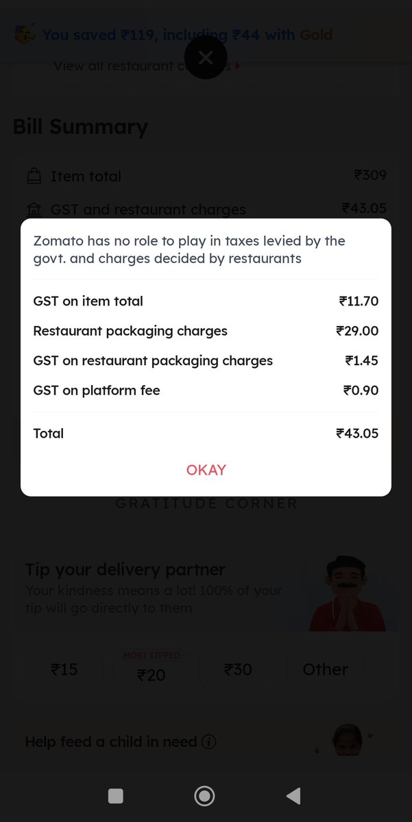 Okay. I really want to know on a order value of 282₹, there is almost 30₹ of packaging charges, despite of not opting for cutlery.
That's like 10% of order value.
<a href="/zomato/">zomato</a> <a href="/faasos/">faasos</a> <a href="/Help_at_Faasos/">Help_at_Faasos</a> 
Allow me to connect you to an affordable packaging vendor with the same quality :)