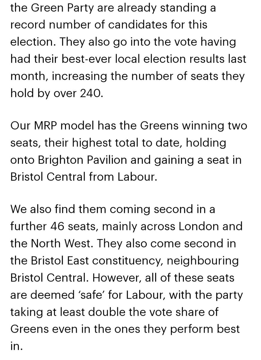 PoliticoTeacher's tweet photo. The YouGov MRP puts the Greens second in 46 seats - all of them Labour seats.

This will put them in a position to seek to challenge Labour from the left in 2029. https://t.co/dL0NCCqNOD