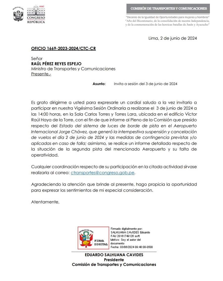 Ministro de Transportes y Comunicaciones asistirá, hoy a partir de las 2.30pm, a Comisión de Transportes del Congreso, junto a Presidente de Corpac y Director General de Aeronáutica Civil. 

Agenda: Interrupción de vuelos por falla en sistema de iluminación del Aeropuerto Jorge