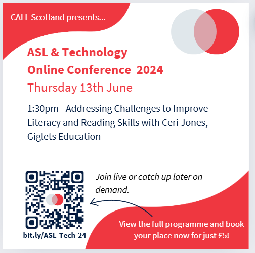CALLScotland's tweet photo. ASL & Technology 2024 is just 6 days away!
Here's another snapshot of what you can expect in Room 2!
At 1.30pm Ceri will be sharing Giglets; a resource to support learners with their literacy and develop a love of reading.
https://t.co/5b3j0B0ZuO
#ASLTech24 https://t.co/a27fVpnXO7