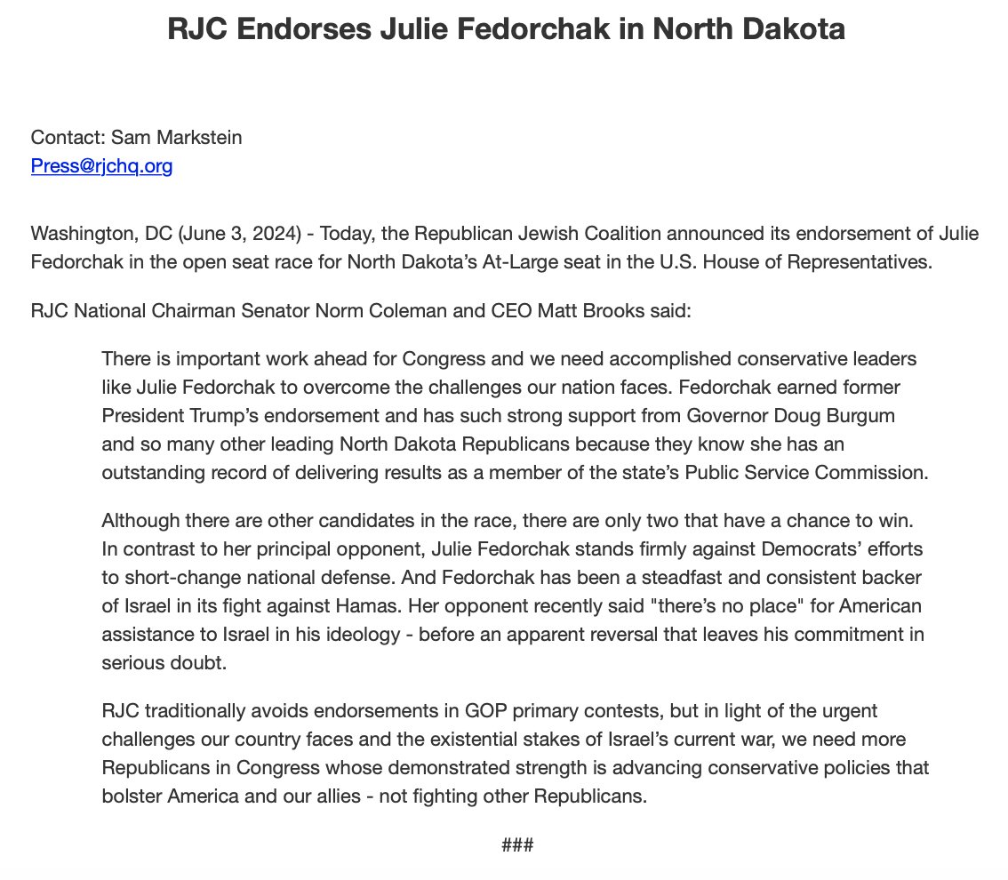NEW: <a href="/RJC/">RJC</a> Endorses Julie Fedorchak in North Dakota

There is important work ahead for Congress and we need accomplished conservative leaders like <a href="/fedorchak4ND/">Julie Fedorchak</a> to overcome the challenges our nation faces. 

Fedorchak earned President Trump’s endorsement and has such strong