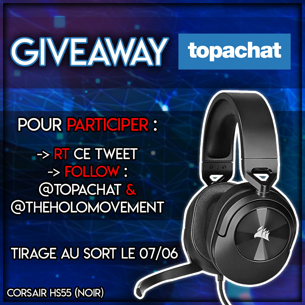TheHolomovement's tweet photo. A l'occasion des #25ansTopAchat, tentez de gagner le dernier lot de leur concours ici : https://t.co/3Qorhe19lE

De mon côté, je vous fais gagner un casque Corsair HS55 (Noir) ! Pour participer :

- RT ce post
- Follow @TopAchat &amp; @TheHolomovement 

TAS le 07/06 (FR/Bel/Lux only) https://t.co/CcVaGXRqfG