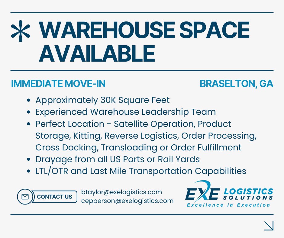 exelogistics's tweet photo. EXE Logistics Solutions has 30,000 square feet of warehouse space available for immediate move-in! Visit https://t.co/Th4lpTHSHh or contact us for details 

#WarehouseSpace #Braselton #GeorgiaLogistics #3PL #EXELogistics #AvailableNow https://t.co/NlWdbesuR3
