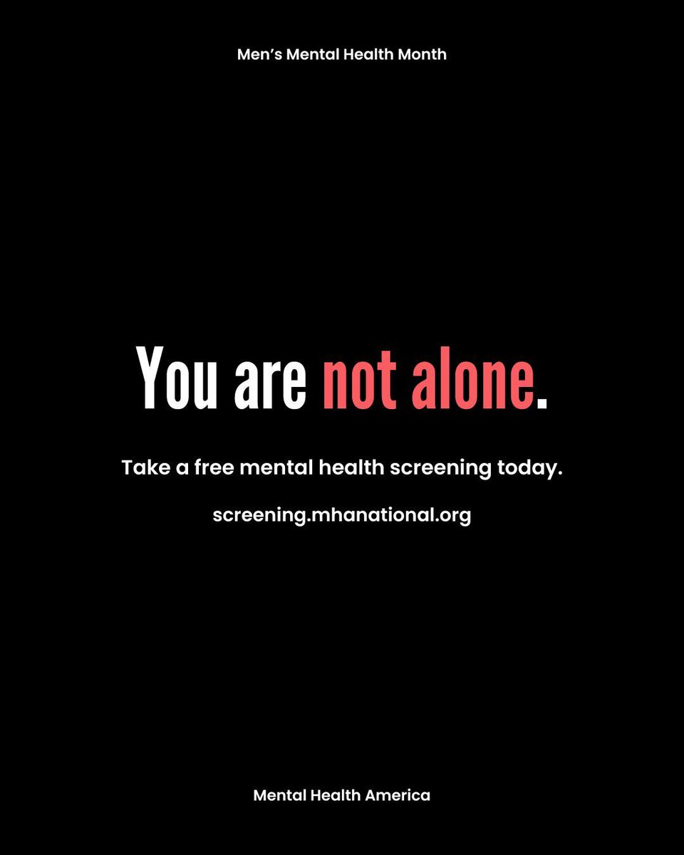 June is #MensMentalHealthMonth. Let’s shift the conversation around men’s mental health this and every month! Remember: asking for help with your mental health isn’t a sign of weakness - it’s a sign of strength. ❤️

Take a free mental health screening at screening.mhanational.org.