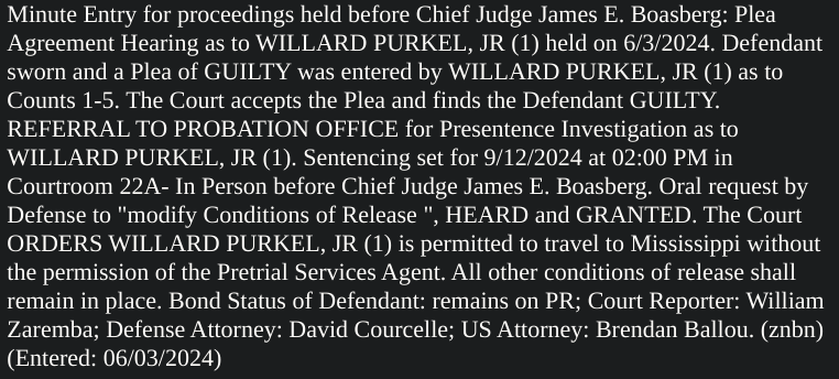 sfoguj's tweet photo. Willard Purkel Jr's plea to all five counts is accepted. Sentencing set for 9/12. https://t.co/HadPrdbLNj