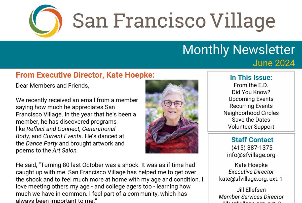 “Turning 80 last October was a shock. It was as if time had caught up with me. San Francisco Village has helped me to get over the shock and to feel much more at home with my age and condition. I love meeting others my age - and college agers too."
sfvillage.org/news/#newslett…