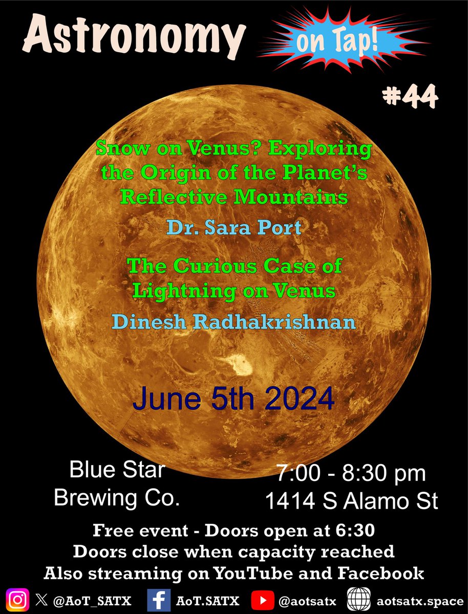 Astronomy On TapSATX (@aot_satx) on Twitter photo Join us Wednesday for our next Astronomy on Tap at 7 PM <a href="/BlueStarBrewCo/">Blue Star Brewing Co</a>! We will have 2 talks about Venus given by UTSA Postdoc Dr. Sara Port and UTSA-SwRI Graduate Student Dinesh Radhakrishnan. Hope to see you all there! 🍻 🌌 Join us Wednesday for our next Astronomy on Tap at 7 PM <a href="/BlueStarBrewCo/">Blue Star Brewing Co</a>! We will have 2 talks about Venus given by UTSA Postdoc Dr. Sara Port and UTSA-SwRI Graduate Student Dinesh Radhakrishnan. Hope to see you all there! 🍻 🌌