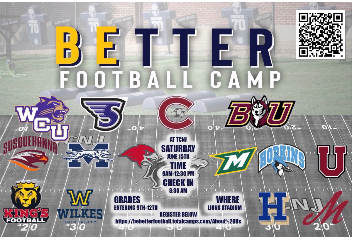 👀 COME Get Better and Be Seen ‼️👀

🏈BeBetter Football Skills Camp
🗓️ Saturday, June 15
📍Lions Stadium (TCNJ Campus)

🎓Elite Colleges in Attendance
🏃‍♂️‍➡️PARISI SPEED SCHOOL
🩺 Optional ACL Assessment

bebetterfootball.totalcamps.com/About%20Us