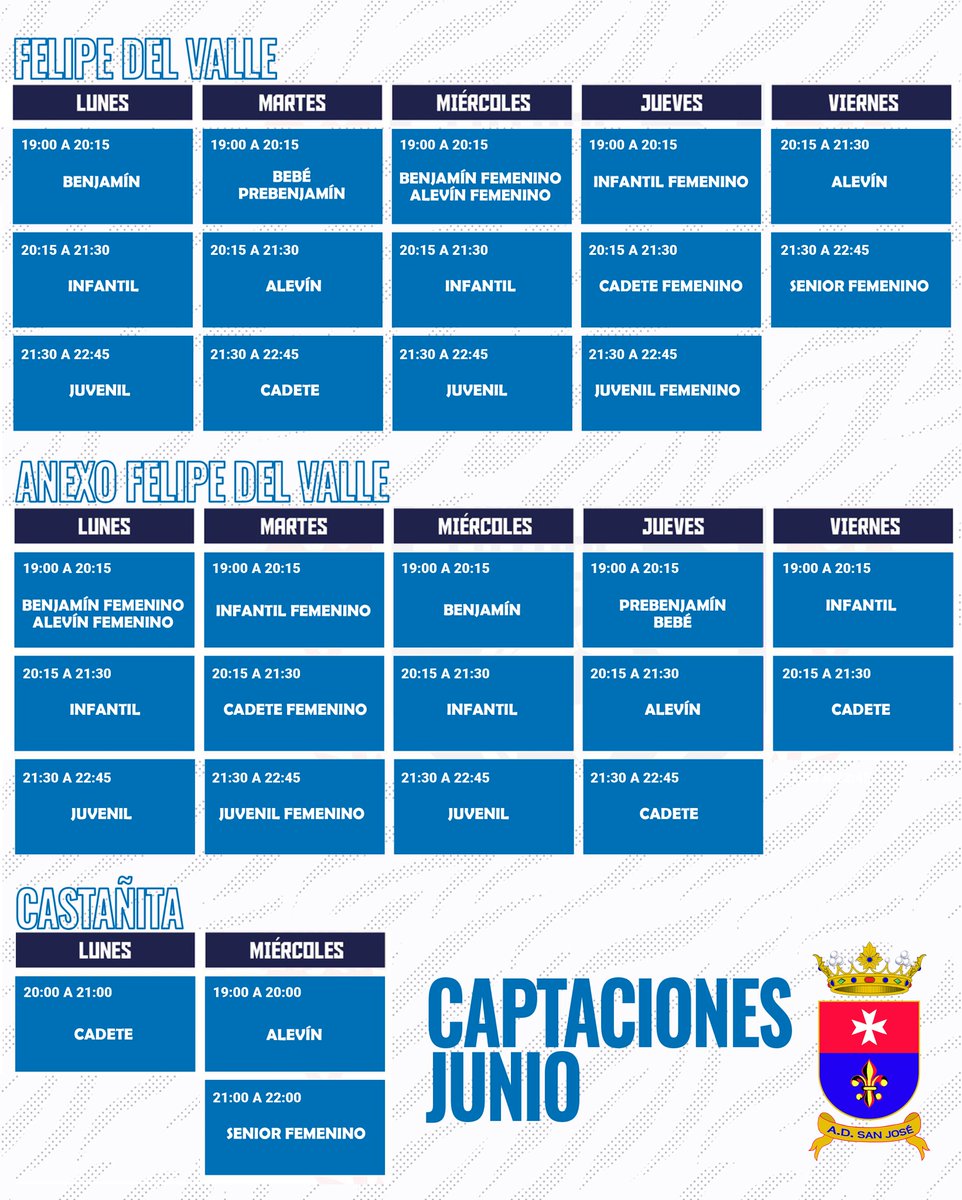 ¡CAPTACIONES JUNIO! ⚽🔥 Las captaciones de la Agrupación Deportiva San José continúan en junio. Consulta el planning y ven a demostrar tu talento. 🏃‍♂️✨ #ADSanJosé #Captaciones2024