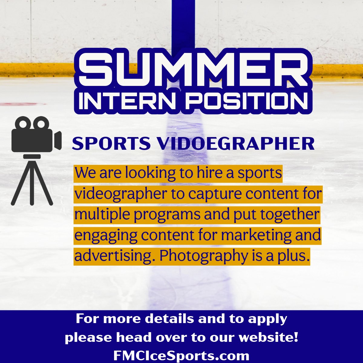 FMCIceSports's tweet photo. We’re hiring a summer intern! 
Looking for someone who has some previous experience in sports videography to help capture many of our award winning programs!

If you or someone you know is interested please apply by hitting the link below! 
🎥 📸 

https://t.co/jZDsPWm4uC https://t.co/09a697ApUg