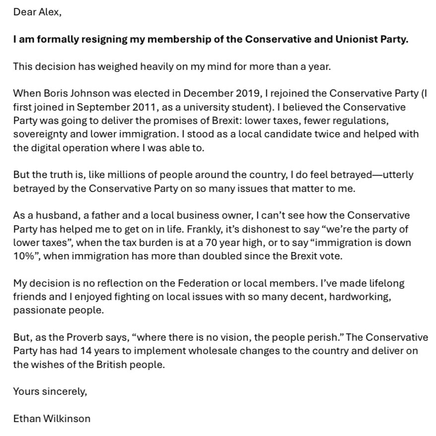 ethanrwilkinson's tweet photo. I have formally resigned from the @Conservatives. https://t.co/f2Hbwp9RkO