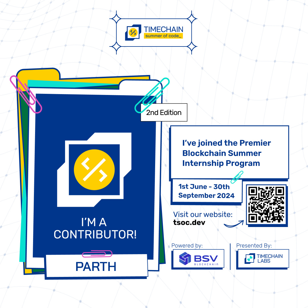0xparthhh's tweet photo. ๐ Thrilled to share that I've been selected as a contributor for the @Timechain Summer of Code program TSoC'24 by Timechain Labs! ๐
Excited to dive into projects and contribute to groundbreaking initiatives Ideas.
#TimechainSummerOfCode #OpenSource #TSOC24 #Blockchain #intern https://t.co/uANUohJW8y