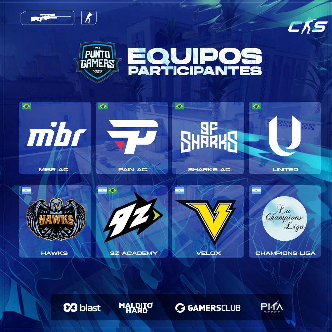 PuntoGamers_'s tweet photo. ¡EQUIPOS! 💞

Ellos ya están listos, pronto comienza la #PuntoGamers repleta de CS2. 🔥💣

🇧🇷 @paiNGamingBR AC.
🇧🇷 @MIBR AC.
🇧🇷 @UnitedCorp_ 
🇧🇷 @sharksesportsgg AC.
🇧🇷🇦🇷 @9zTeam AC.
🇦🇷 @VELOXgg 
🇦🇷 @HawksLatam 
🇦🇷 #LaChampionsLIGA

📺 Lunes próximo 20 Horas; https://t.co/lbLIuUrmmy
