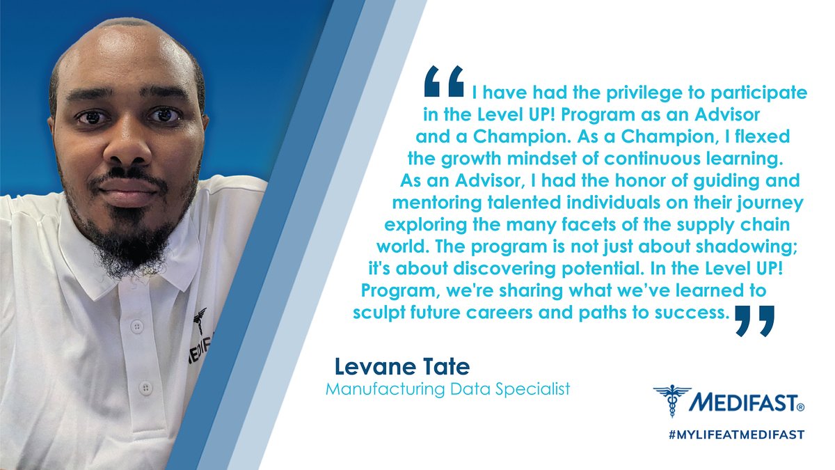 MedifastCareers's tweet image. Meet Levane Tate, Manufacturing Data Specialist! He shares his experience in the Level UP! Program, designed to develop supply chain talent from within. Want to learn more about our open positions? Check out our careers site: bit.ly/3Kq0sEz #optavia #MyLifeAtMedifast